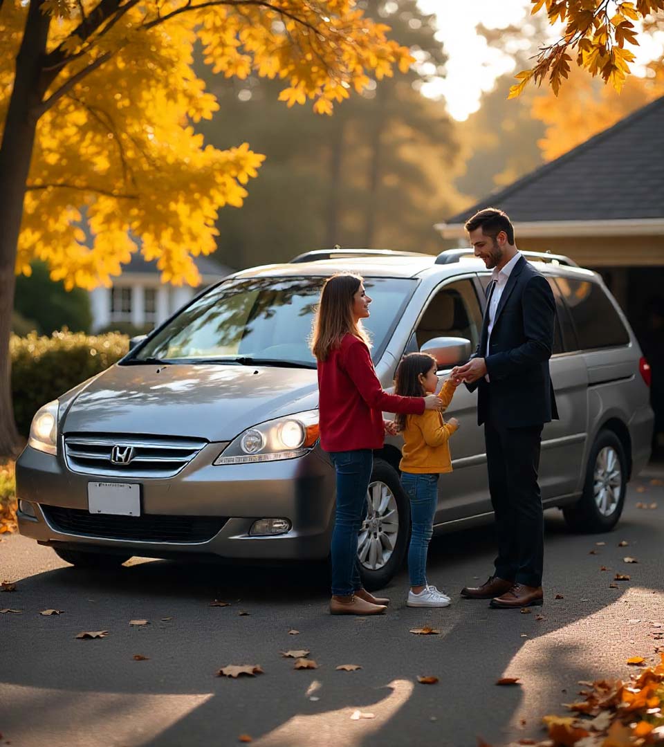 Eine Familie übergibt ein Auto an einen Händler beim Autoankauf Magdeburg vor dem Haus